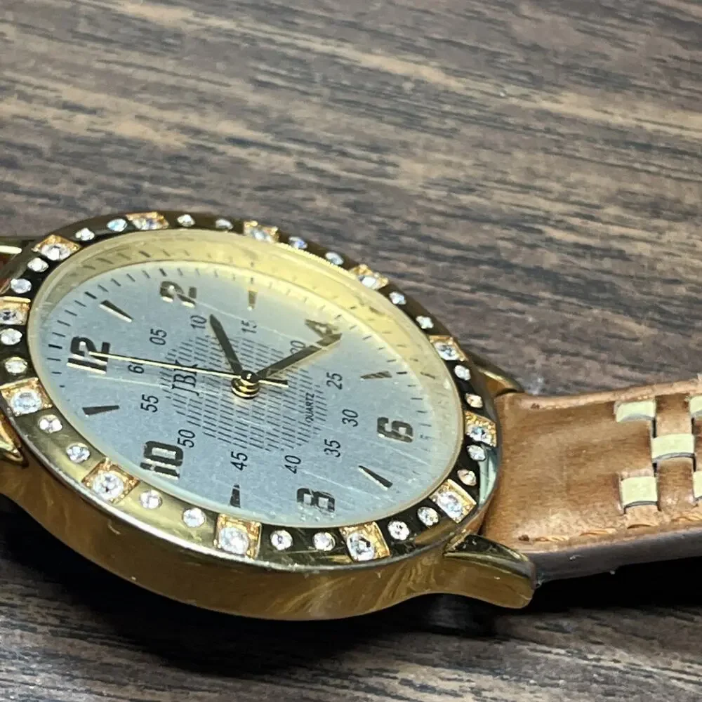 Camrose & Kross JBK Collection Gold Tone Crystal Bezel Brown Leather Band Watch